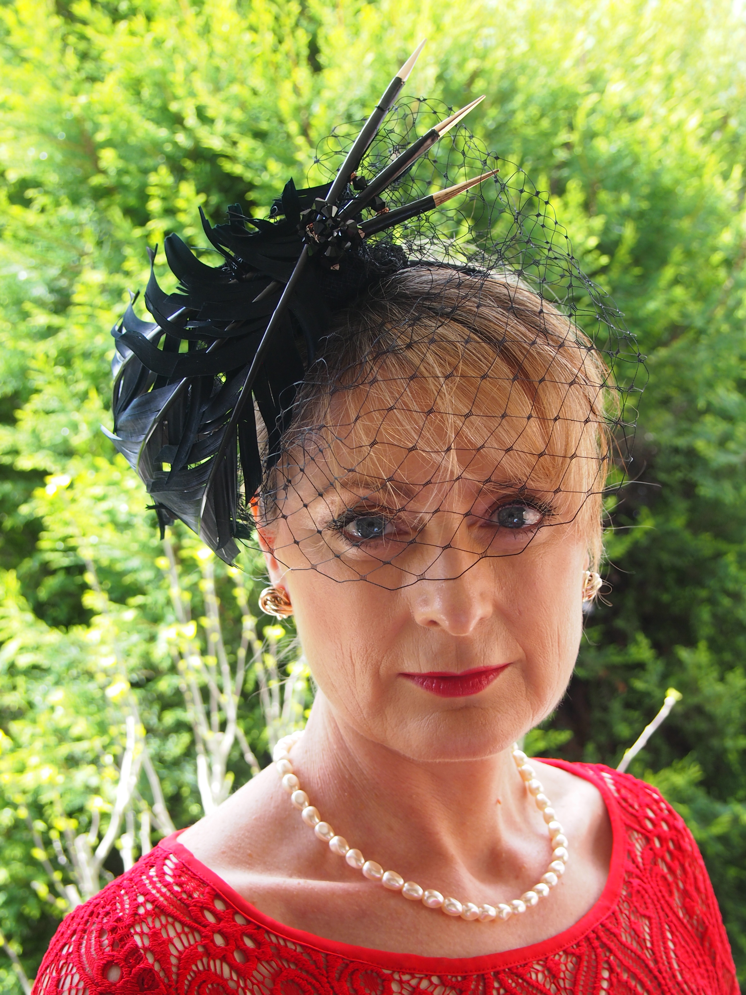 Trimmed Black Feathers with Gold tips and Lace Fascinator $275
