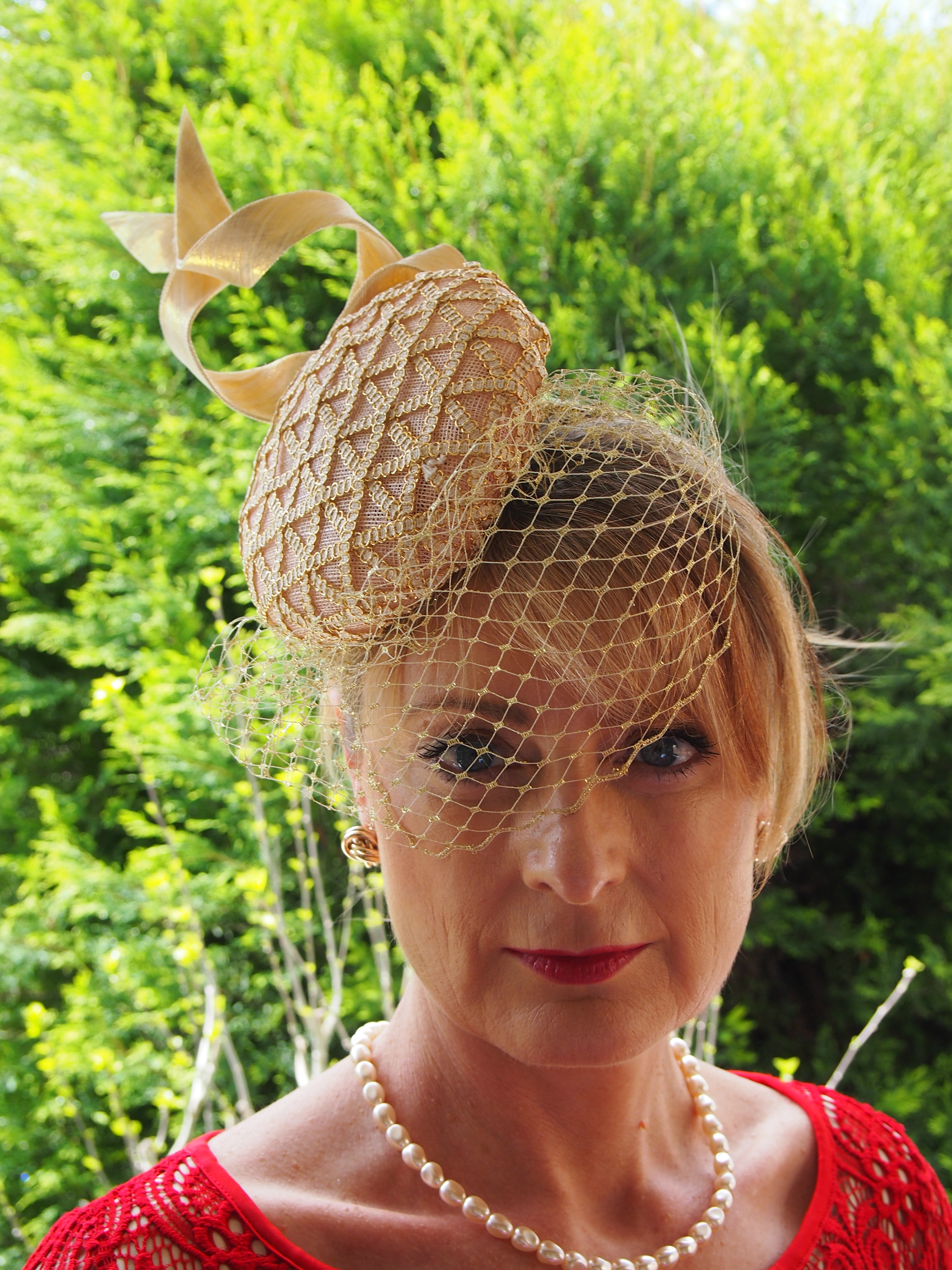 Gold Button with Siminary Twirls and Lace Fascinator $385