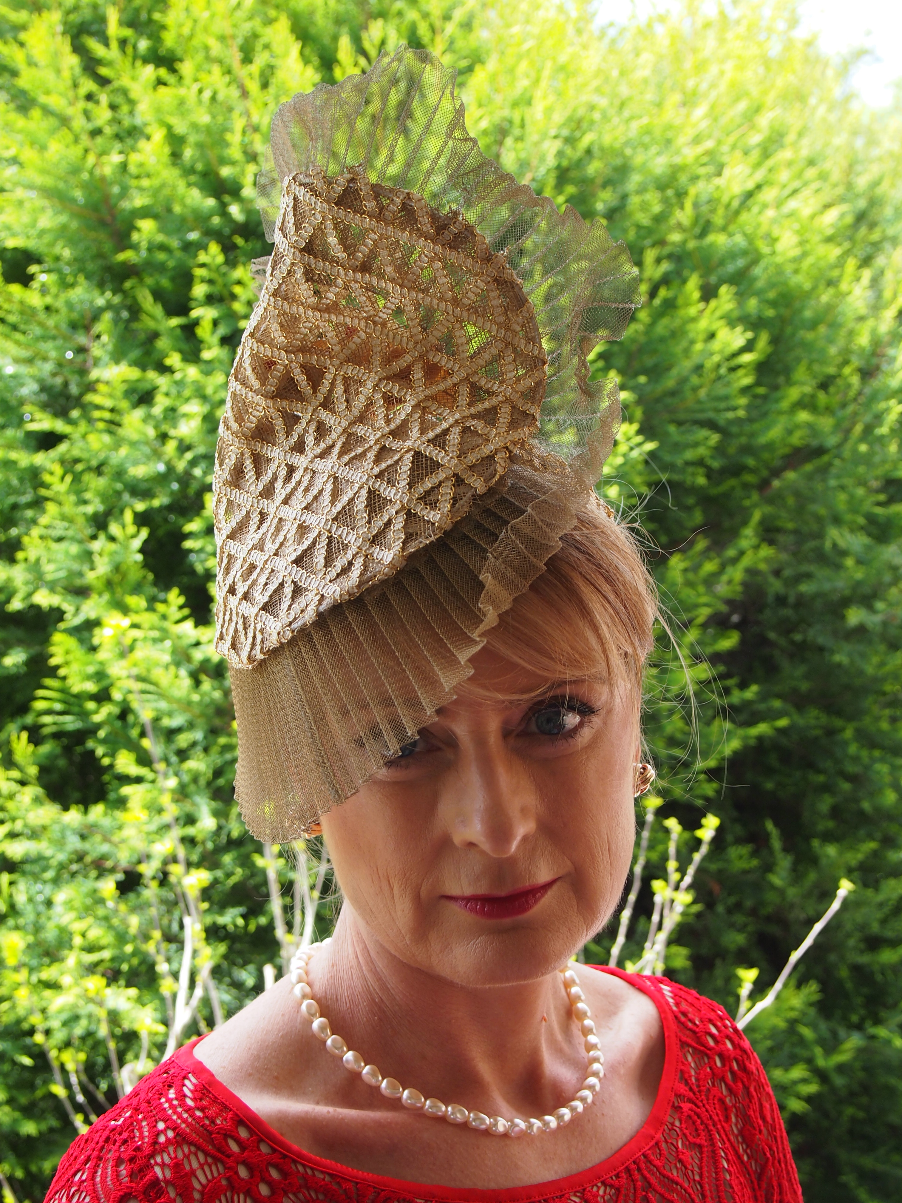 Gold Sculptured Headpiece with Pleated Tuille $385